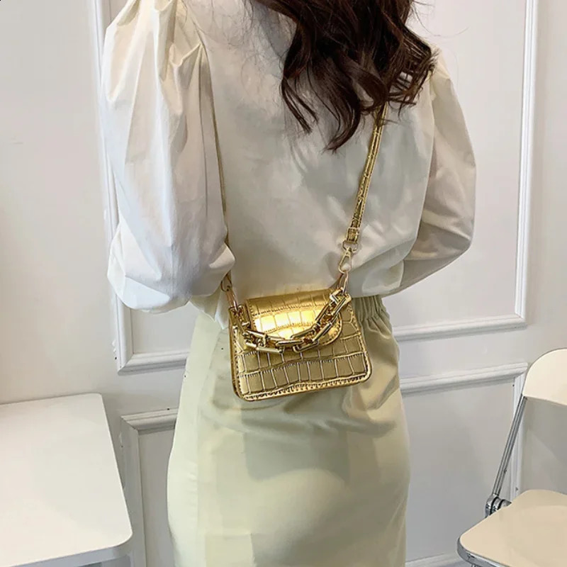 Ins Gold Silver PU Leather Shoulder Crossbody Small Bag Fashion Mini Chain Lipstick Bag Trend Bags for Women Cute Coin Purse 240919