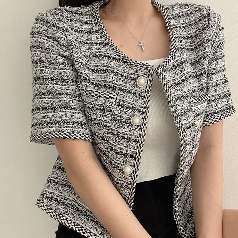 Heliar Womens Single breasted Open cardigan Elegant coarse woolen jacket with pockets womens short sleeved fashionable jacket spring and summer 240919 - view 4
