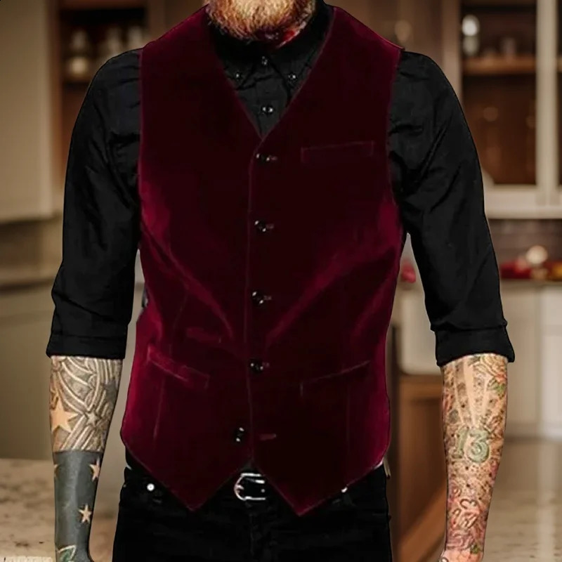 Burgundy Velvet Vest for Men Suit V Neck Single Breasted 1 Piece Casual Male Waistcoat Fashion Coat 240919