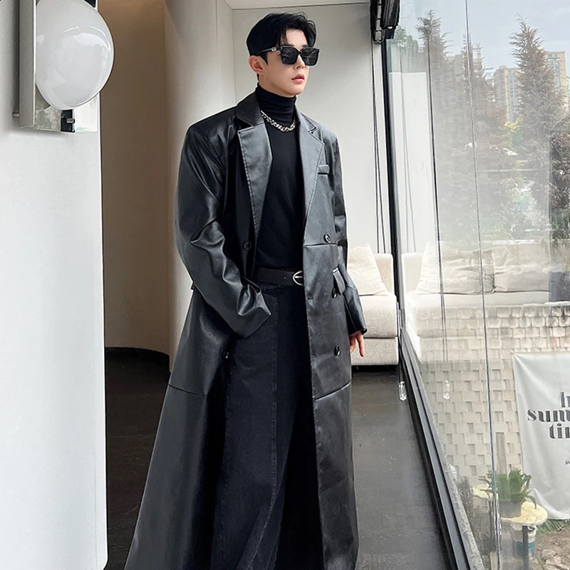 IEFB Autumn Winter Mens Leather Trench Coat Niche PU Wide Shoulder Long Overcoat Double Breasted Windbreaker 9C3216 240919