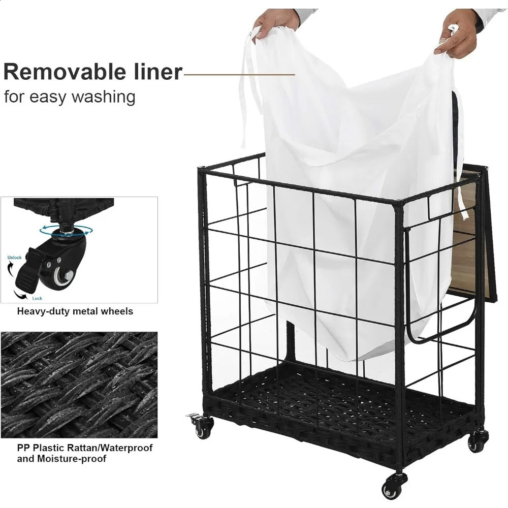 Durable washing machine with detachable lining bag heavyduty wheels wooden cover and metal handle clothing sorting 240919