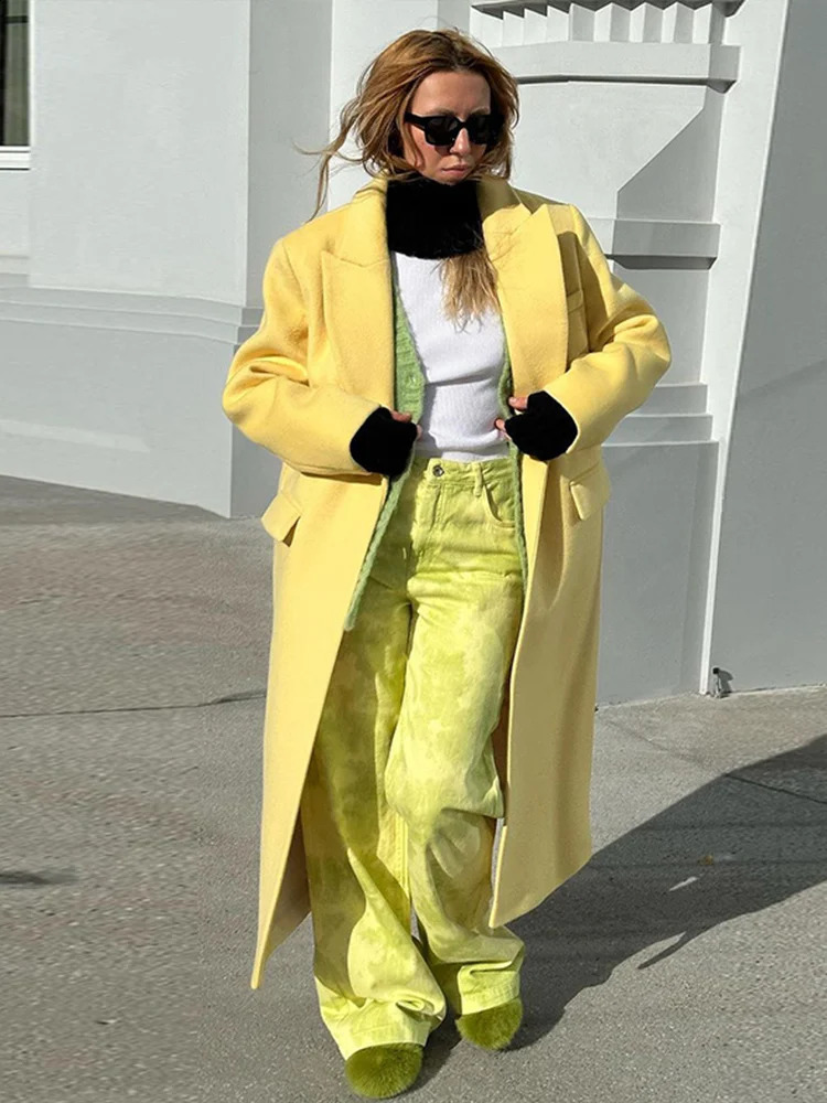Fashion Yellow Woolen Long Coats For Women Loose Lapel Long Sleeve One Button Solid Coat Autumn Winter Elegant Streetwear 240909