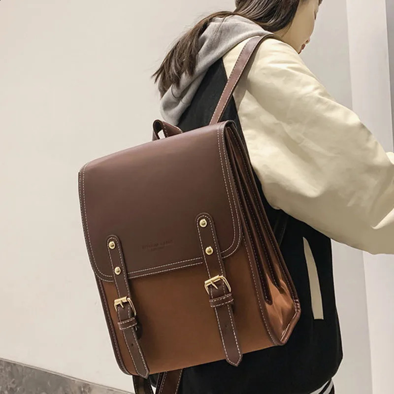 Retro Fashion Womens Backpack Pu Leather University School Backpack Teen Girls Simple er Shoulder Bag 240918