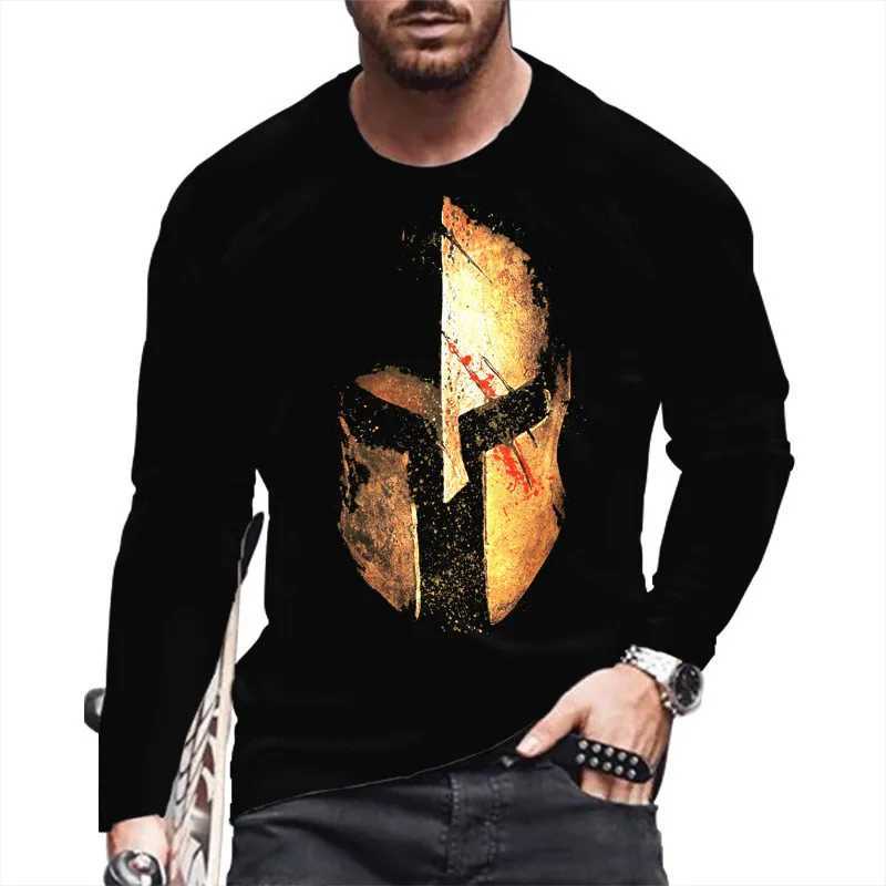 Retro Spartan Helmet 3d Print Summer Mens Round Neck T-shirt Casual Long Sleeve T-Shirt Oversized Pullover Fashion Men ClothingX240919