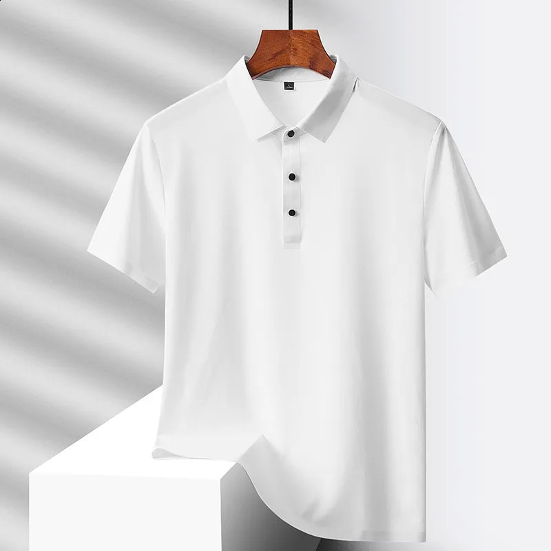 Summer silk quick drying loose polo shirt for middle-aged and elderly men solid lapel button simple version casual thin short sleeved top 240919
