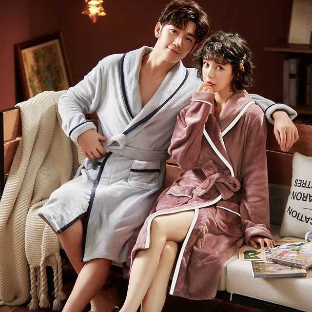 Bathrobe Mens Solid Winter Warm Long Sleeve Ladies Bath Robe Flannel Kimono with Sashes Dressing Gown for Couple 2024 New Y240919