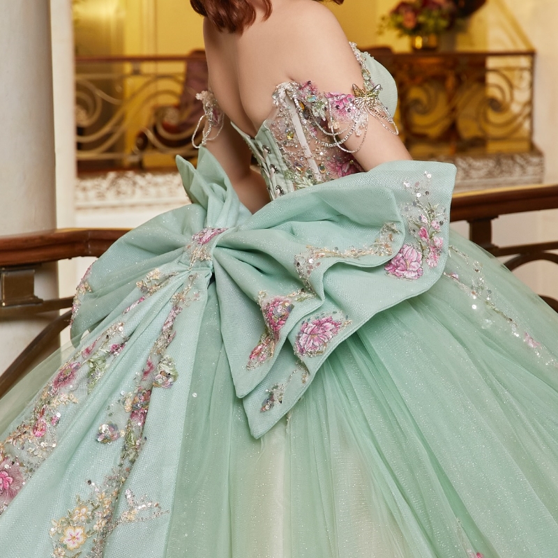 Light Mint Green Shiny Ball Gown Quinceanera Dresses 2025 Applique Lace Beads Bow Tull Sweet 16 Dress Birthday Party Vestidos De XV Anos