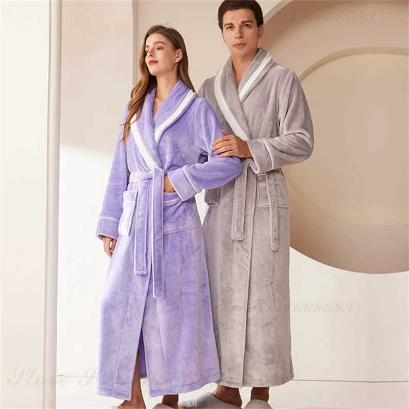 Large Size 3XL Autumn Winter Couple Sleepwear Flannel Men Long Robe Home Clothing Thicken Warm Coral Fleece Bathrobe Lounge Wear Y240919