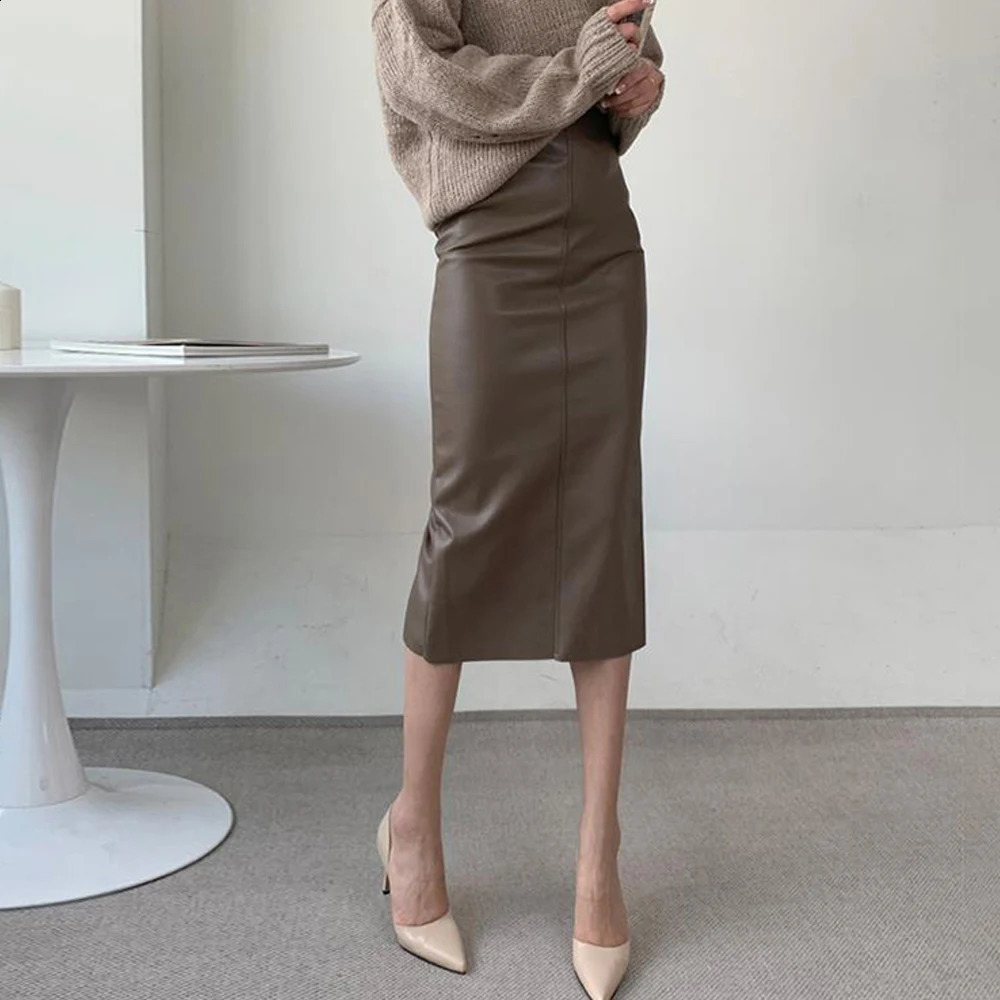 Elegant Fashion Faux Leather PU Skirts Women Clubwear Party Office Lady High Waist Midi Skirts Bodycon Wrap Hips Bottom Clothes 240919