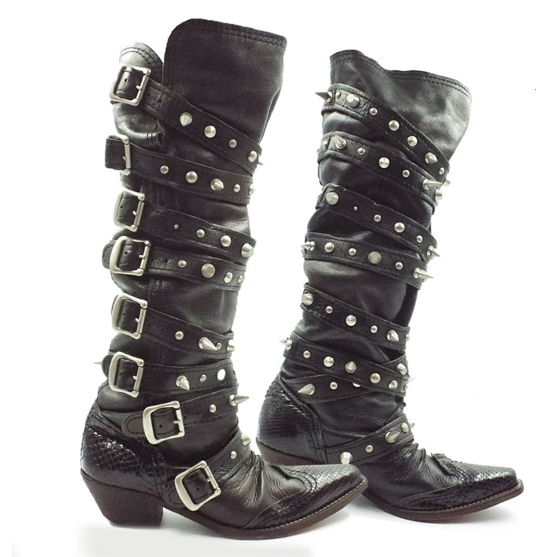 High quality punk y2k Gothic retro motorcycle womens Western style boots black rivet knee high boots 240919