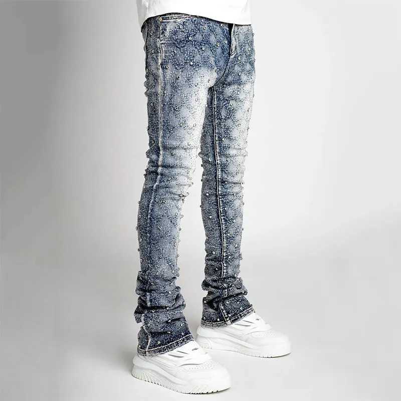 Men's Pants Elastic Pearl Mens Tight Jeans 2024 New Fashion Rhinestone European Street Personalized Stacked Jeans J240830