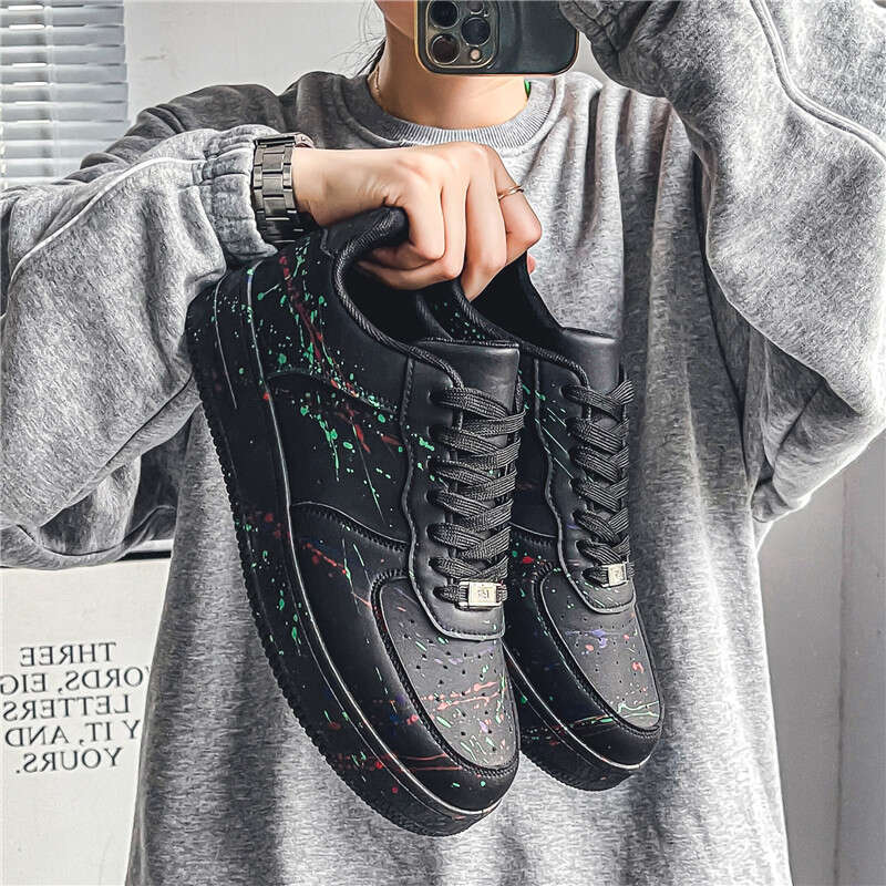 Tidal board shoes Leather Sneakers with Breathable Design and Paint Splatter Style for Casual Wear 98