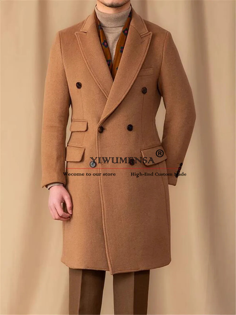 Formal Man Business Suit Jackets Brown Tweed Wool Blend Trench Coat Long Tailored Double Breasted Overcoat Groom Tuxedos Blazers 240911