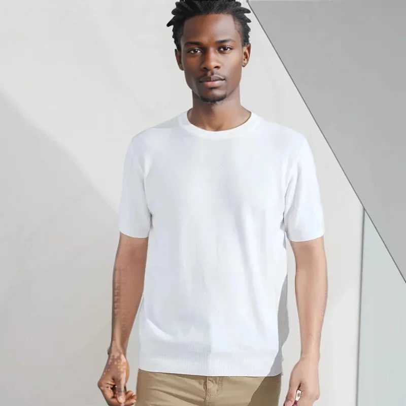 Superfine Merino Wool T Shirt Mens Knitted O-neck Breathable Thin Cashmer Short Sleeve Tee Solid Color knit Tops Sweater Z240919