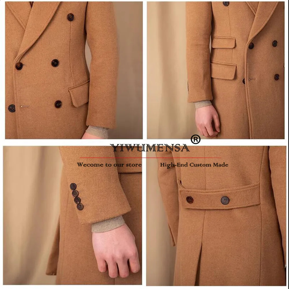 Formal Man Business Suit Jackets Brown Tweed Wool Blend Trench Coat Long Tailored Double Breasted Overcoat Groom Tuxedos Blazers 240911
