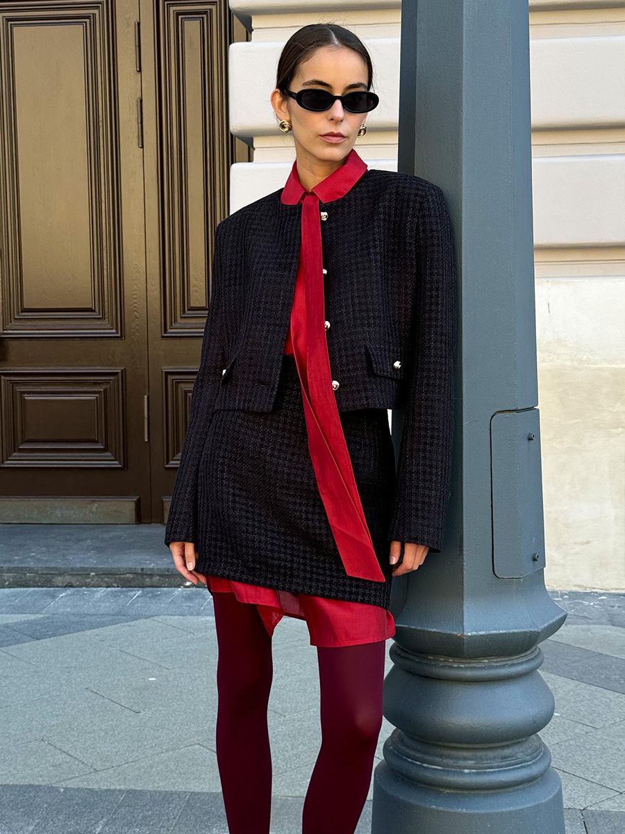 Dress Set Dabuwawa Autumn and Winter Female Vintage Women Temperament Tweed Dress Suit Split Set Skirt