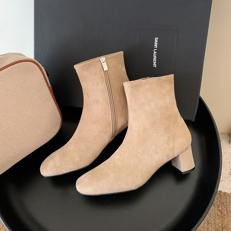 2024 Autumn French Side Zipper Thick High Heel Leather Short Boots