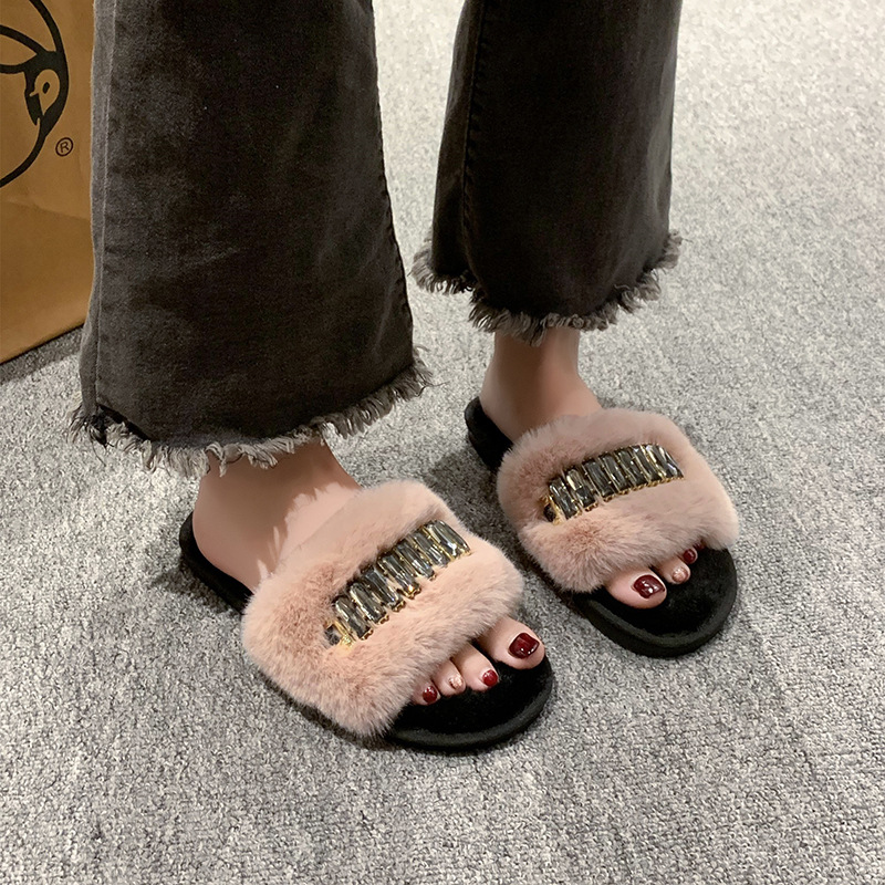 Women Slippers Fur Fashion Sandals Black White Pink Flat Soft Sole Shoes Breathable Indoor shoes