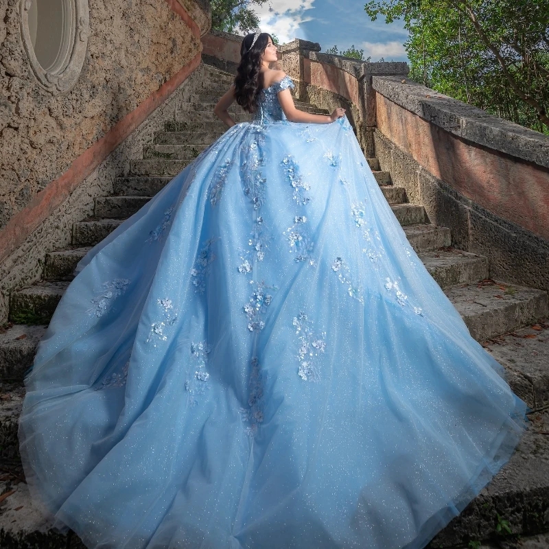 Sky Blue Shiny Princess Quinceanera Dresses Ball Gown Off Shoulder Sequin Lace Appliques Crystal Sweet 16 Dress Vestidos De 15 Anos