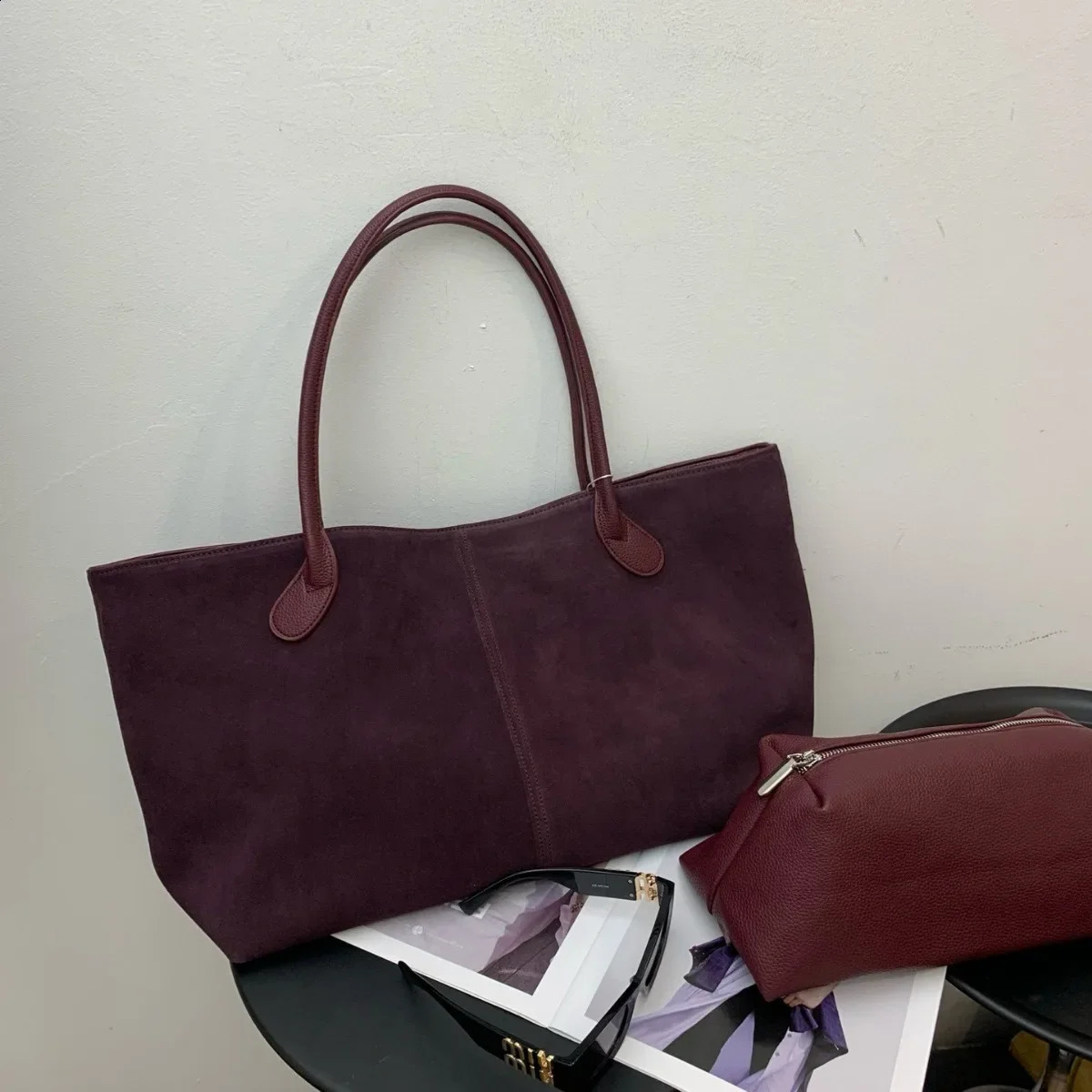 3 Motingsome Oversized Suede Patchwork Genuine Leather Women Matte Cowhide Bag Large Capacity Shopper Retro Tote 240913 4