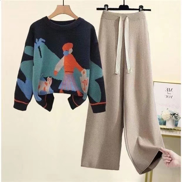 Women's Knitted suit winter cartoon pictures Sweater pullover wide leg pants two piece pants sets woman 2 pieces knitwear 211116