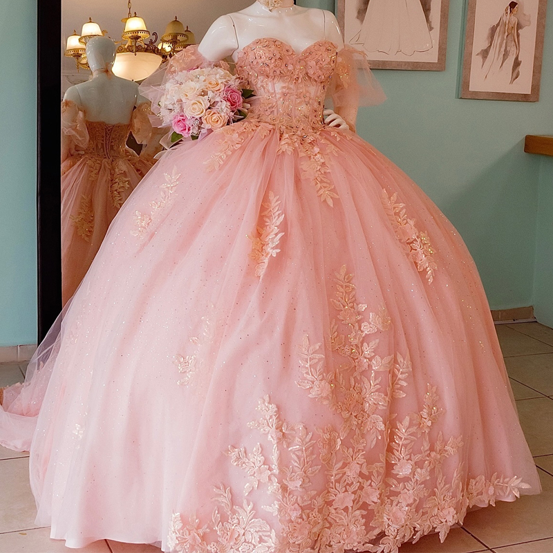 Sparkly Pink Quinceanera Dresses Ball Gown Off Shoulder Applique Lace Beads Tull Corset Sweet 16 Dress Vestidos De 15 Anos