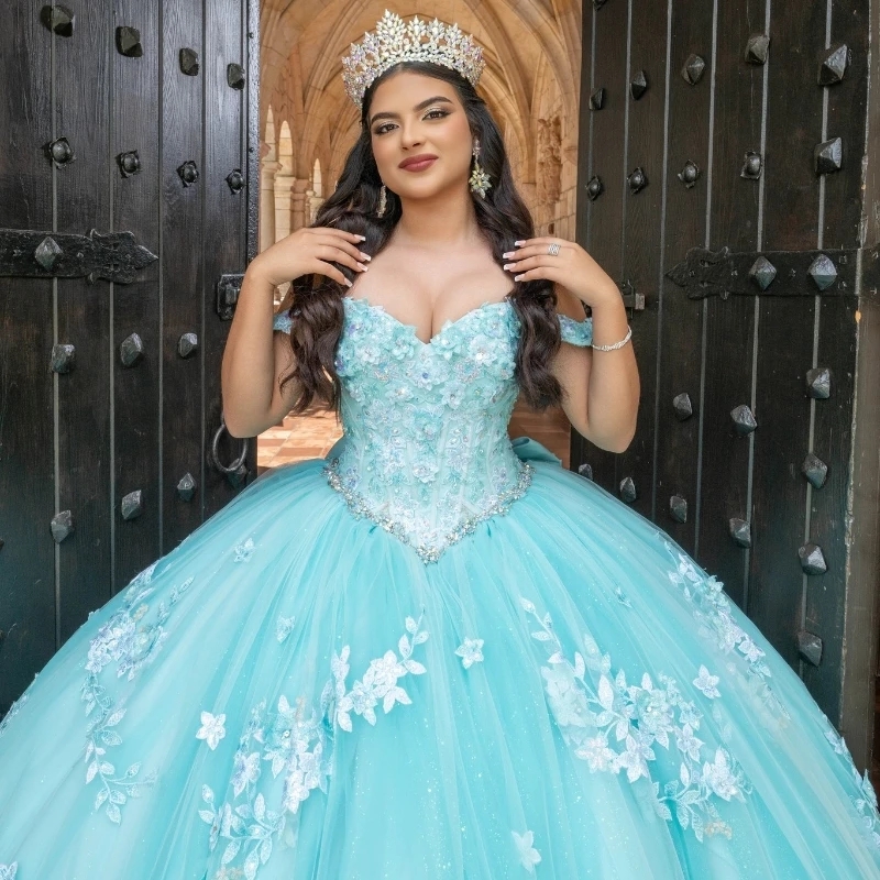 Water Blue Off The Shoulder Princess Ball Gown Quinceanera Dresses Classic Applique Lace Beads Tull Sweet 16 Dress Vestidos 15 De Anos