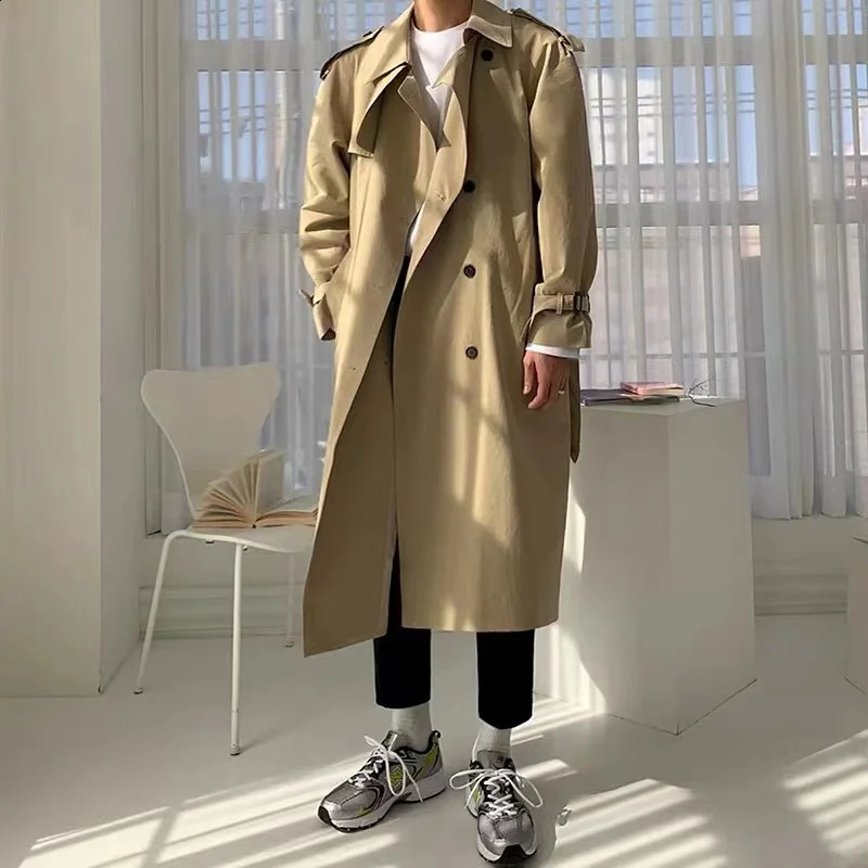 Khaki Black Trench Coat Men Fashion Autumn Oversized Long Coat Men Korean Loose Windbreaker Jacket Mens Overcoat M-2XL 240919
