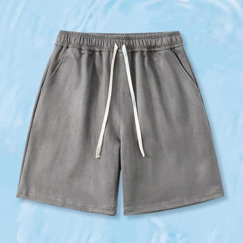 Suede Athletic Shorts For Men - Elastic Waist Drawstring Mid-Rise Wide Leg Running Pockets