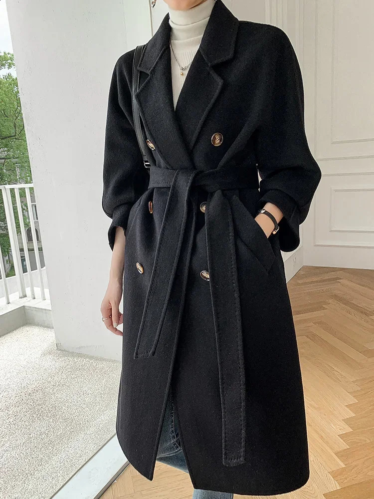 Fashion Trendy Womens Coat 100% Pure Australian Wool Coat Solid Color Autumn and Winter Double-Sided Woolen Womens Clothing 240909
