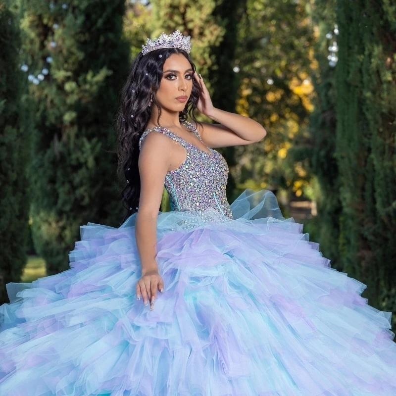Sky Blue Lilac Quinceanera Dresses Mexican Sweet 16 Birthday Dress Spaghetti Strap Beads Crystal Tiered Tull Ruffle Vestidos 15 Anos