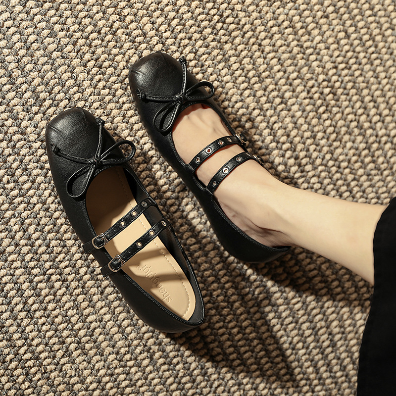 2024 Autumn Retro Brushed Color Square Head with Increased Height Single Shoe Butterfly Bow Mary Jane Single Shoe
