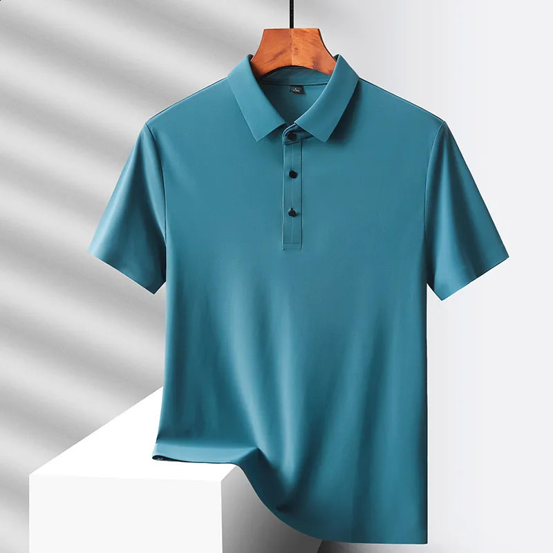 Summer silk quick drying loose polo shirt for middle-aged and elderly men solid lapel button simple version casual thin short sleeved top 240919