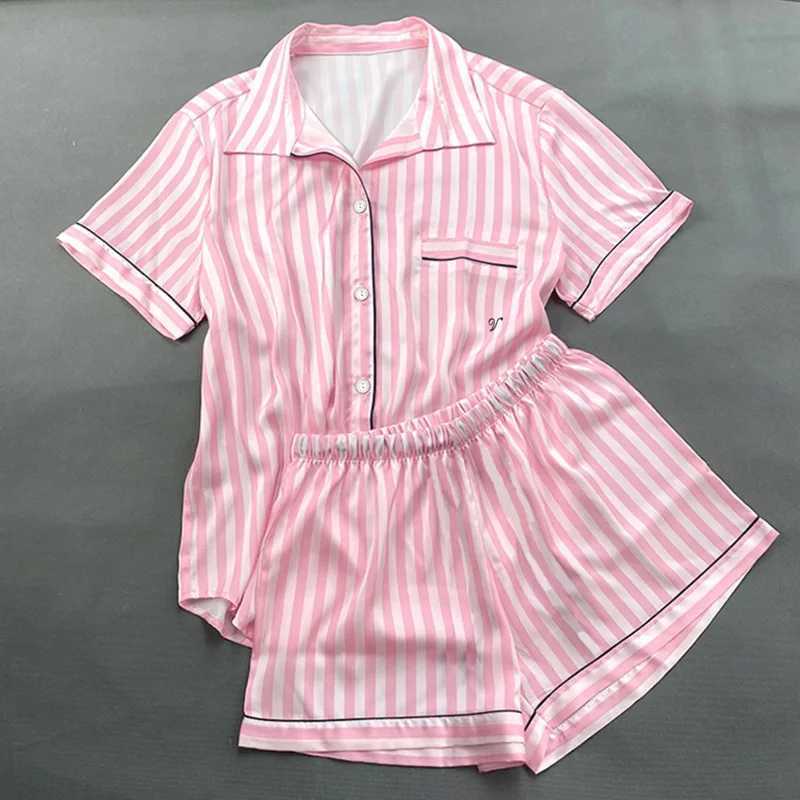 Womens sleepwear set summer 2-piece short sleeved top and shorts synthetic silk satin soft stripe printed home clothes W240919