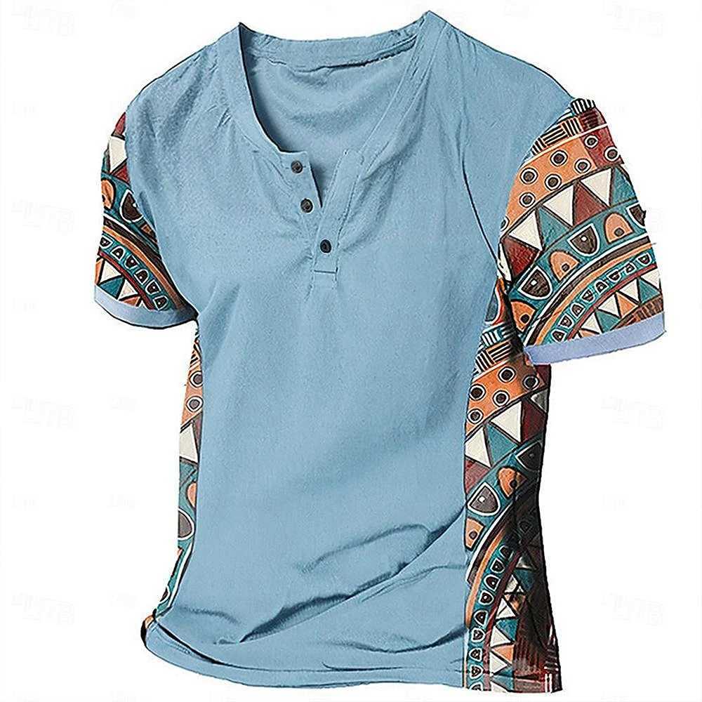 Ethnic Style Tribal 3D Printed Henley Shirts Mens Fashion Vintage Streetwear Button Short Sleeve T Shirt Tees Tops Man Clothing Z240919