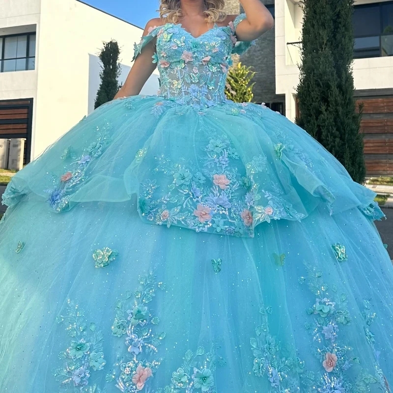 Water Blue Shiny Quinceanera Dresses Ball Gown Off The Shoulder 3D Floral Lace Applique Beaded Tull Corset Sweet 16 Vestido De 15 Anos