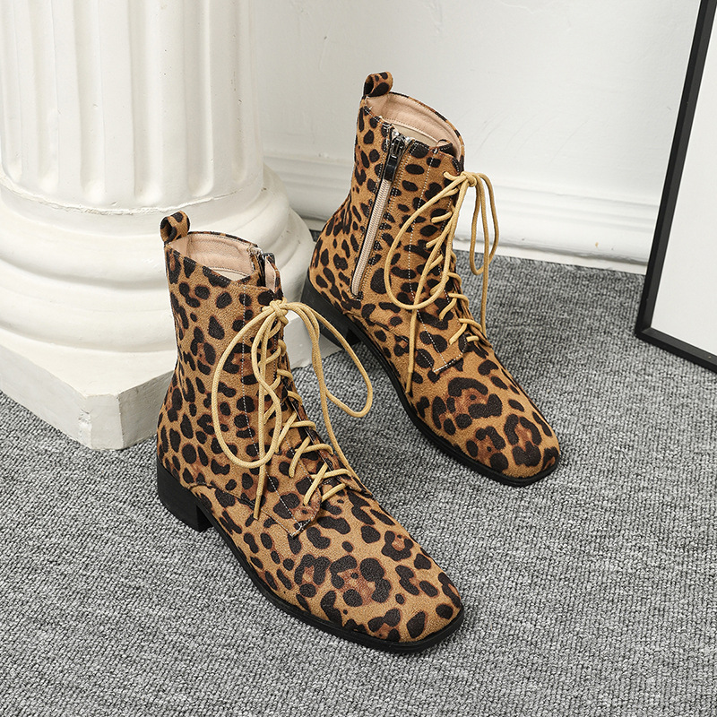 Women Boots Winter Fashion Design Plus Size Leopard Print Square Toe High Heel Free shipping