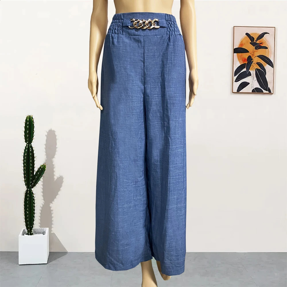 High Waist Solid Color Wide Leg Pants Summer Chic Loose Elegant Metal Flared Pant Office Ladies Straight Holiday Women Trousers y240912