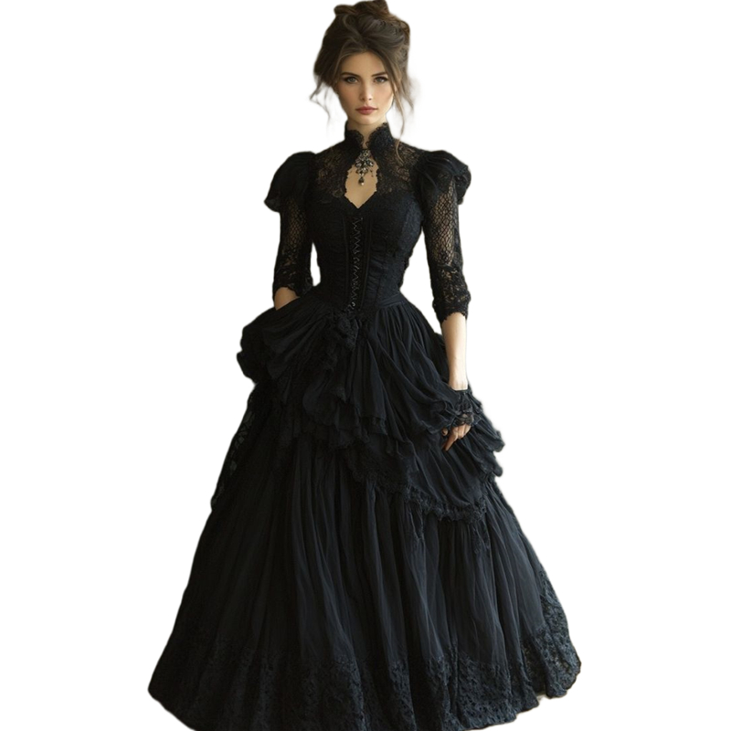 Vintage Black Prom Dresses High Neck Floor Length A Line Gothic Evening Gowns With Lace Appliques Tiered Corset Steampunk Special Occasion Party Dress