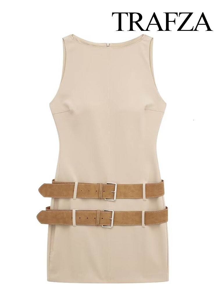 TRAFZA Women Fashion Mini Dress With Double Belt Sexy Slim O Neck Sleeveless Short Dresses Casual Female High Street Vestidos