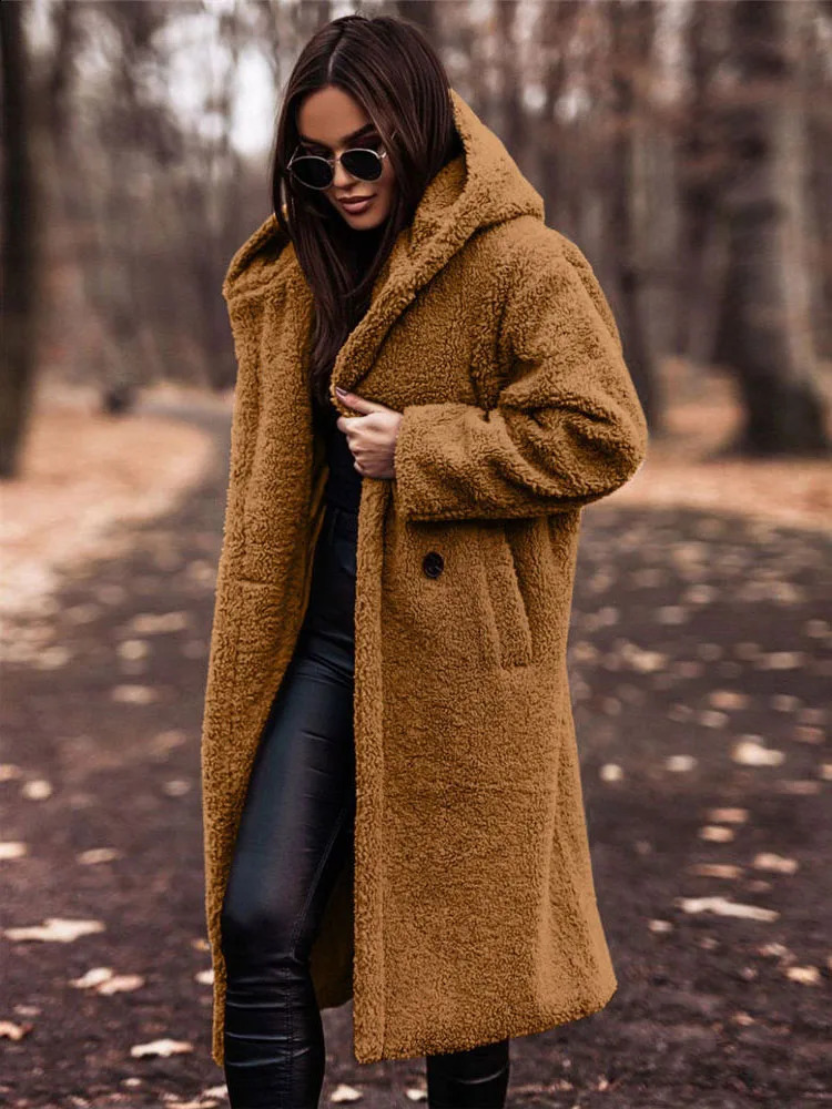 Womens faux fur coat teddy wool hooded robe Sherpa fluffy and chic open collar winter plush coat 240919