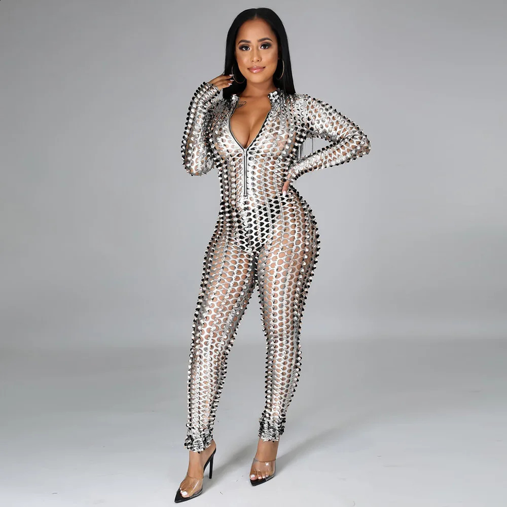Shining hollow jumpsuit womens sexy plus size long sleeved onepiece clothing Rave Club wearing gold sier black decoration