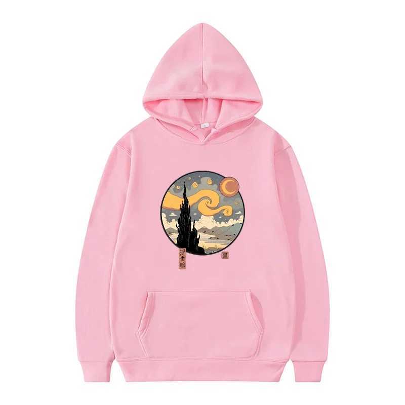Starry Ukiyo-E Night Printed Hooded Sweatshirt Mens Autumn and Winter Wool Sweatshirt Casual Fashion Hoodie Pullover Warm Top W240919