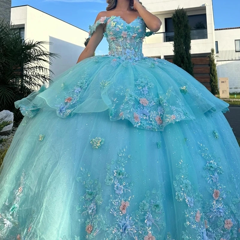 Water Blue Shiny Quinceanera Dresses Ball Gown Off The Shoulder 3D Floral Lace Applique Beaded Tull Corset Sweet 16 Vestido De 15 Anos