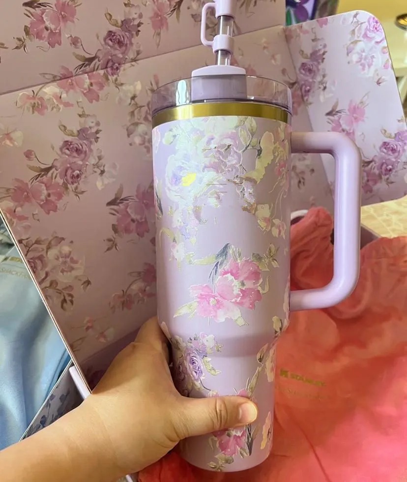 14oz 20oz 40oz TUMBLER Pink Rose Blue Magnolia Mug Holiday Stainless Steel Tumbler with Silicone Handle Lid and Straw Cups Mugs Target water bottles