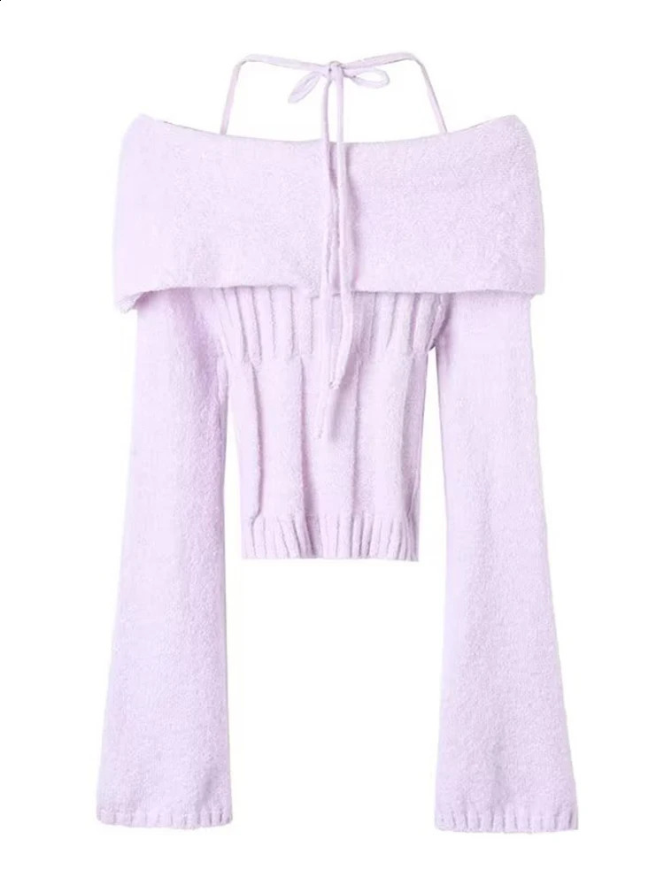 Chu Sau Beauty Women Autumn Fashion Sweet Flare Sleeve Knitted Pullover Cute Off Shoulder Slim Sweater Chic Short Jumpers 240912