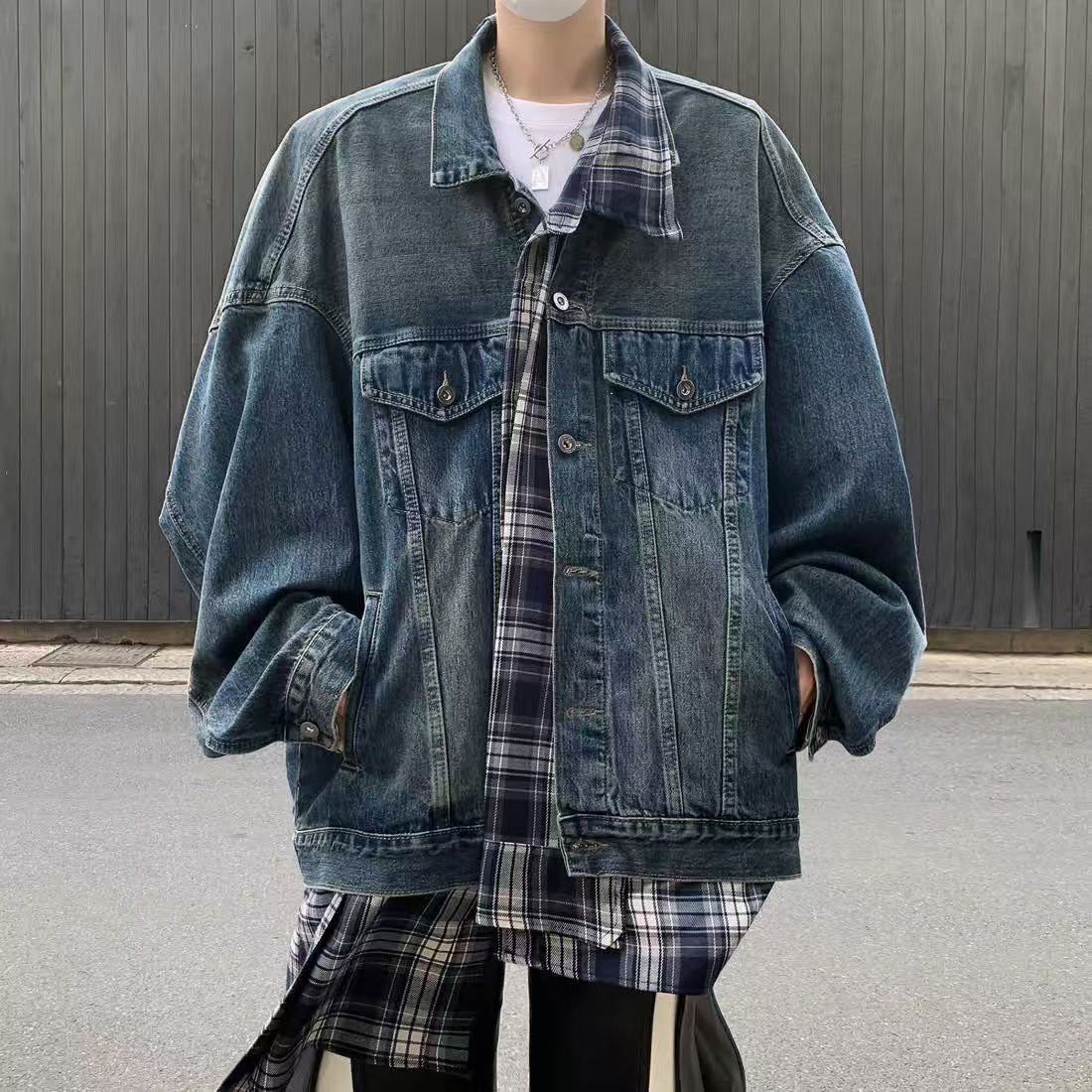 Plaid stitching denim jacket men's autumn tide brand casual loose two-piece tooling jacket