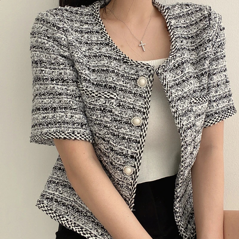 ITOOLIN Chic Elegant Tweed Cardigan Coat With Pocket Single Breasted Jacket Short Sleeve Loose Outwear Women Summer 240919