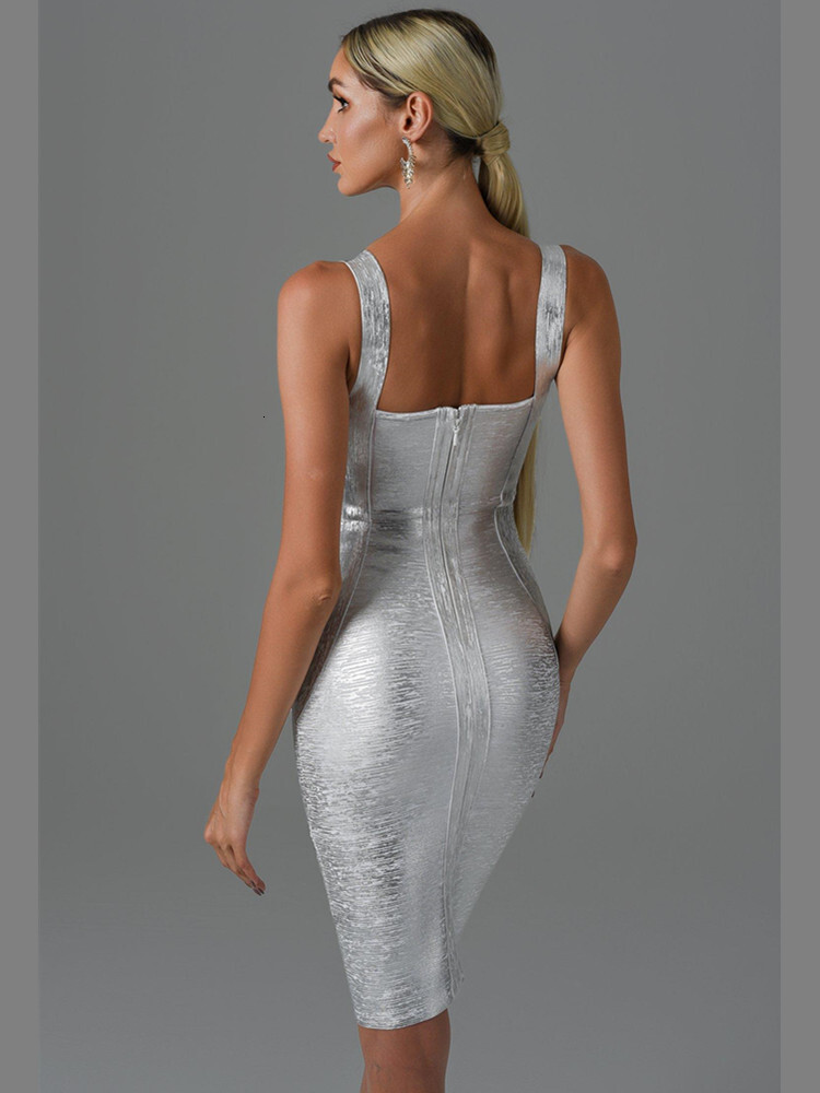 New Women Summer Style Sexy Sleeveless Backless Gold Sier Bronzing Midi Bodycon Bandage 2022 Elegant Evening Party Dress