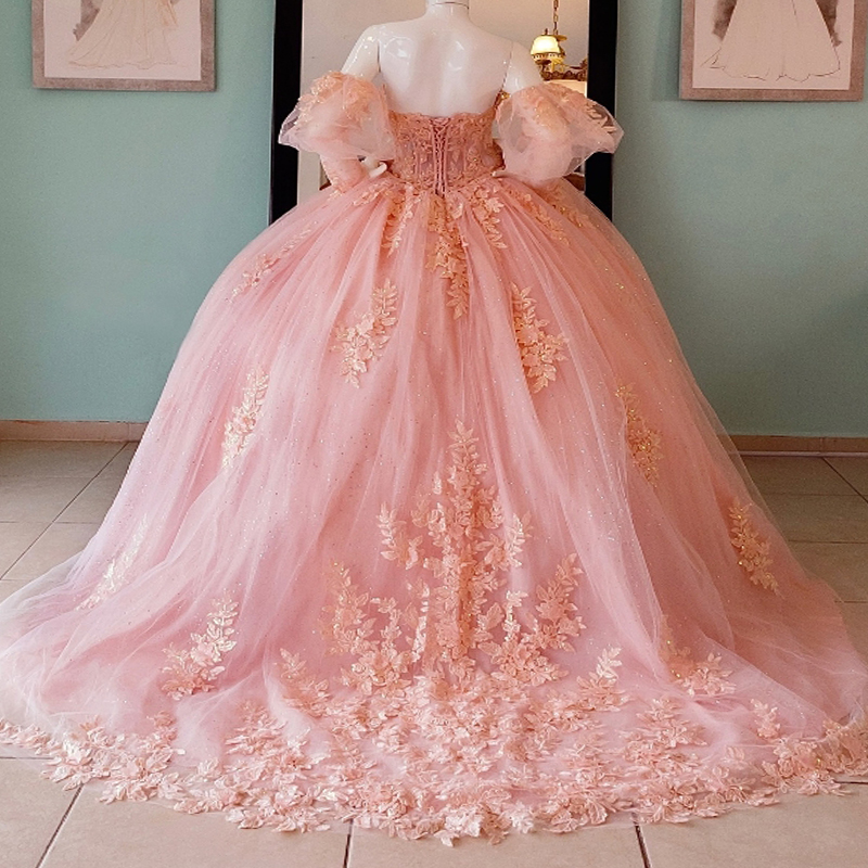 Sparkly Pink Quinceanera Dresses Ball Gown Off Shoulder Applique Lace Beads Tull Corset Sweet 16 Dress Vestidos De 15 Anos
